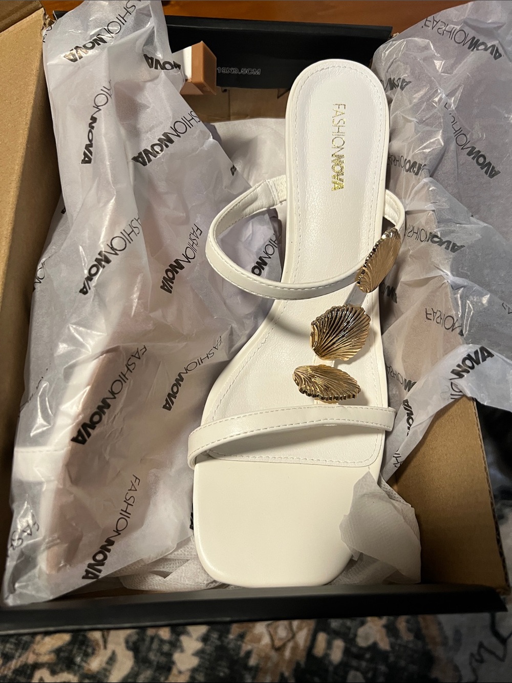Fashion Nova White Slip-On Mules with Gold Shell Accents